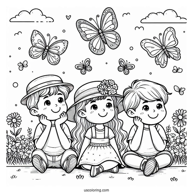 Three Children Enjoying The Butterflies