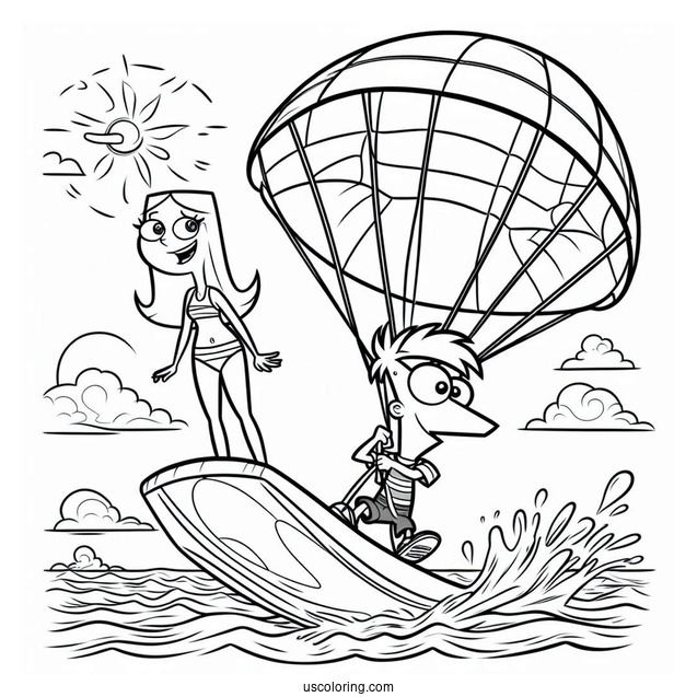 Phineas And Ferb Coloring Page And Candace Surfing With Perry The Platypus On A Parachute
