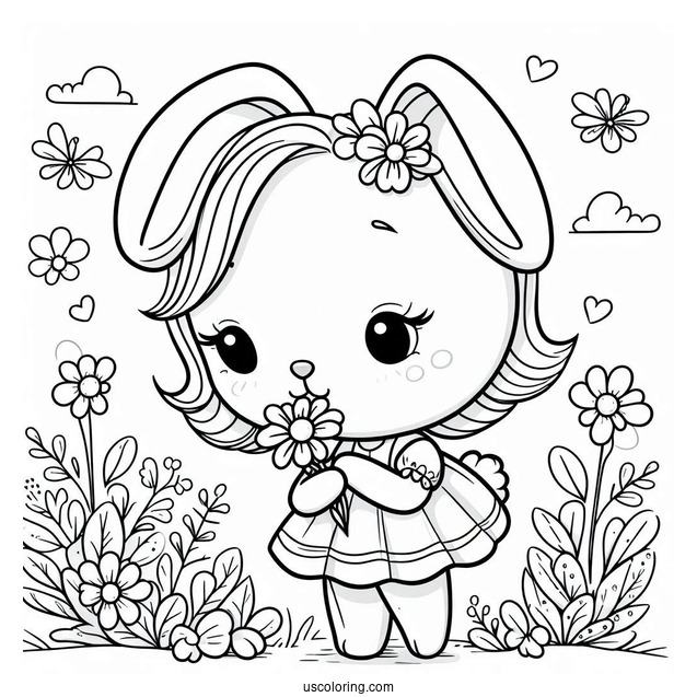 Simple Easter Coloring Page Of Bunny In A Dress Sniffing A Flower For Preschoolers