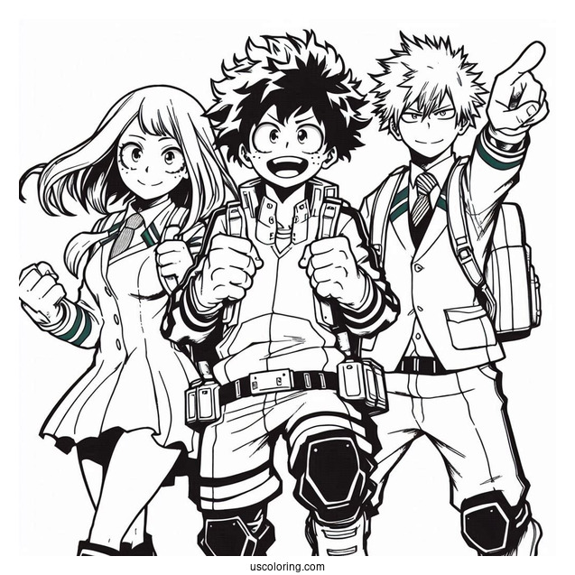 My Hero Academia Coloring Page Of Izuku, Katsuki, Shouto, And Ochako
