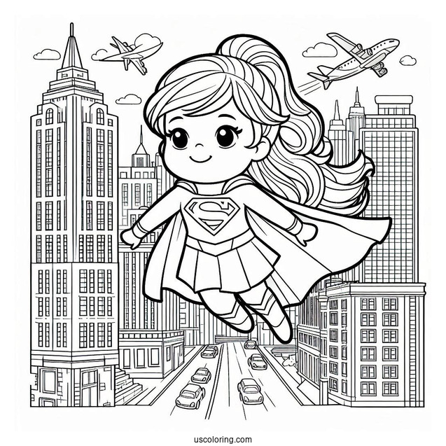 Cute Supergirl Coloring Page Flying Through The City For Preschoolers