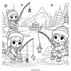 Children Ice Fishing In The North Pole Coloring Page For Kids