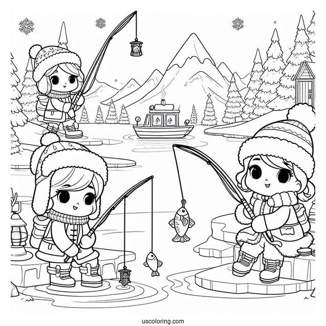 Children Ice Fishing In The North Pole Coloring Page For Kids
