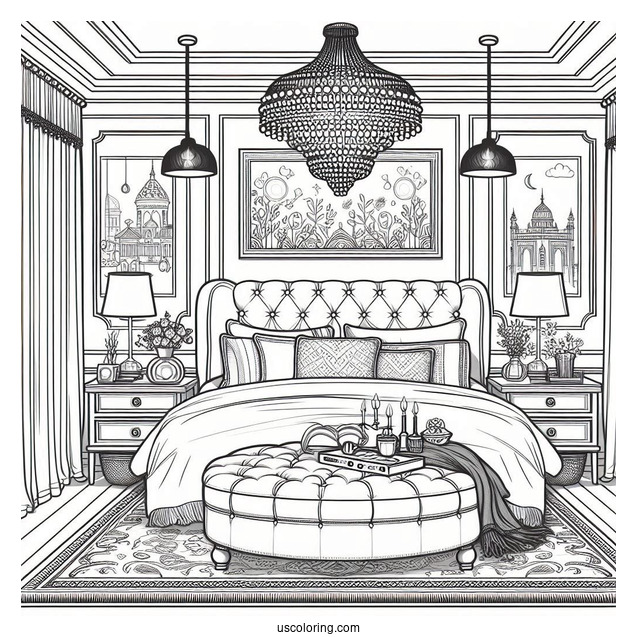 Classy Bedroom Coloring Page With Ottoman, Paintings, And Hanging Lights