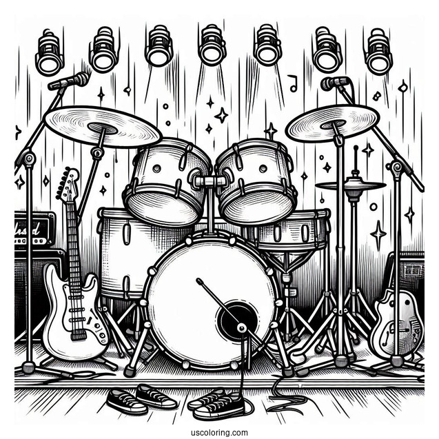 Music Coloring Page Of Complete Drum Set On Stage
