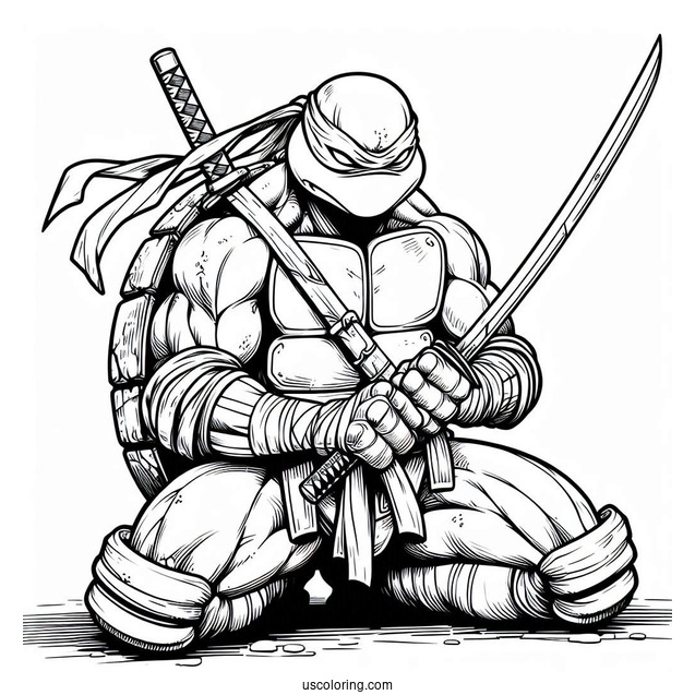 Ninja Turtles Coloring Page Of Leonardo Kneeling On Ground While Holding Katana