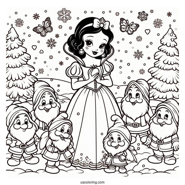 Snow With With Seven Dwarfs And Evil Queen To Color