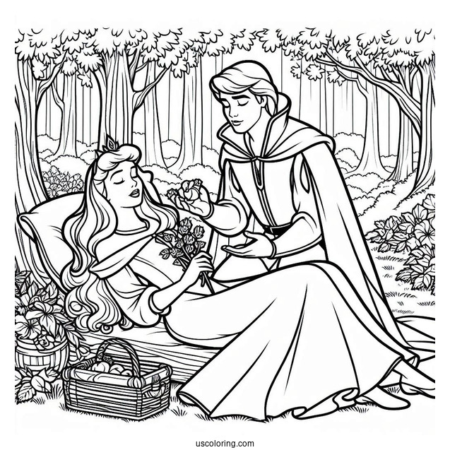 Sleeping Beauty Coloring Page Of Prince Philip Courting Aurora In The Forest