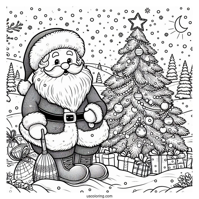 New Year Coloring Page Of Santa Claus Beside A Christmas Tree On Snowy Night