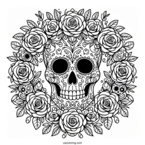 Sugar Skulls Coloring Page Inside A Rose Wreath