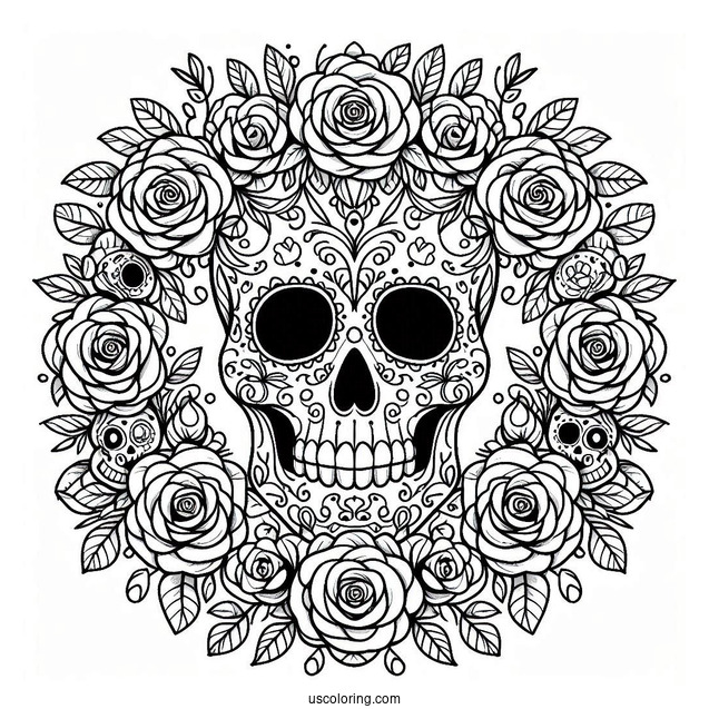Sugar Skulls Coloring Page Inside A Rose Wreath