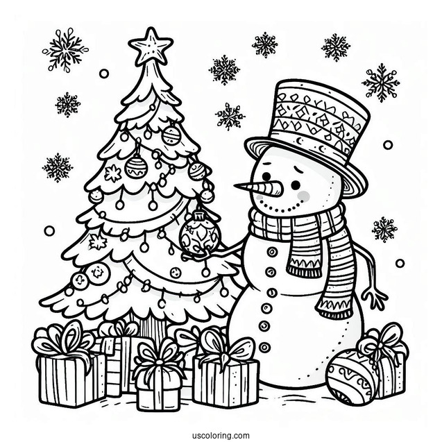 Coloring Page a Snowman Decorating a Christmas Tree