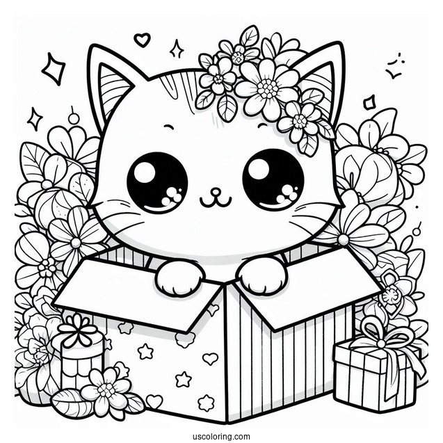 Kawaii Cat In Box Coloring In