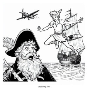 Peter Pan Flying Over Scared Captain Hook Coloring In