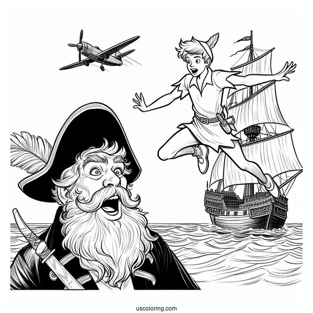 Peter Pan Flying Over Scared Captain Hook Coloring In