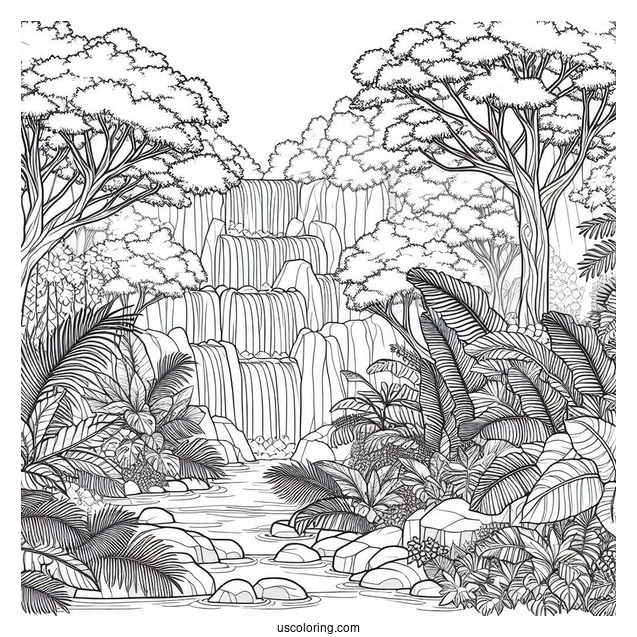 Detailed Jungle Coloring Page Of Waterfall