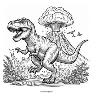 T-Rex Dinosaur Running From Volcano
