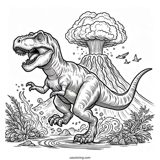 T-Rex Dinosaur Running From Volcano