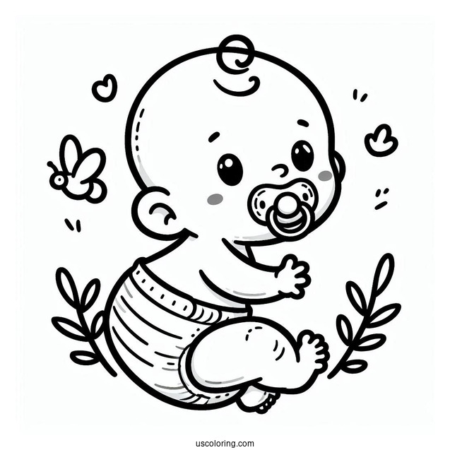 Simple Baby Coloring Page In A Diaper Wearing A Pacifier For Kids