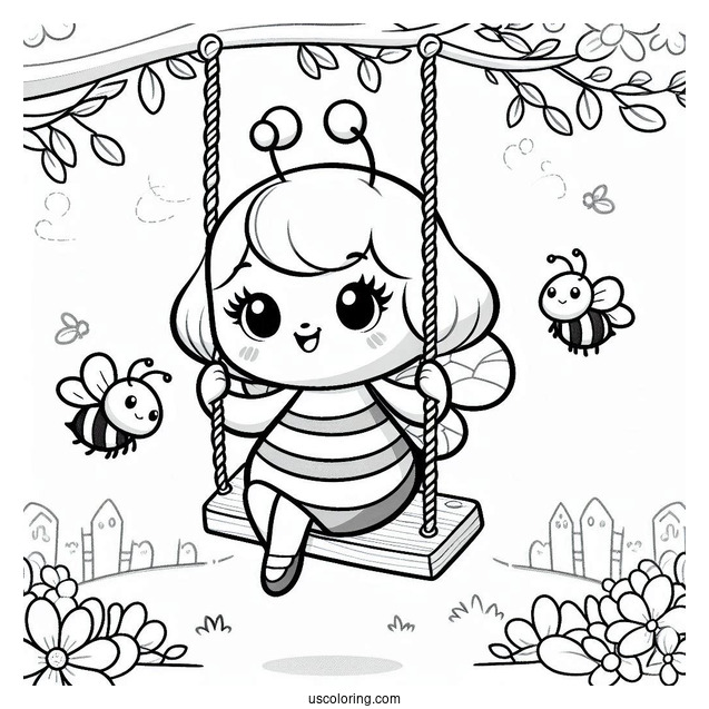 Bee Coloring Page Playing On A Swing Set For Kids