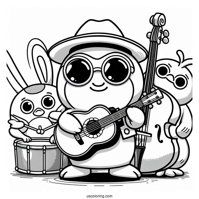 Pororo Coloring Page Playing In A Band With Harry, Crong, Eddy, And Poby