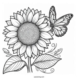 Sunflower With Butterfly Coloring Page