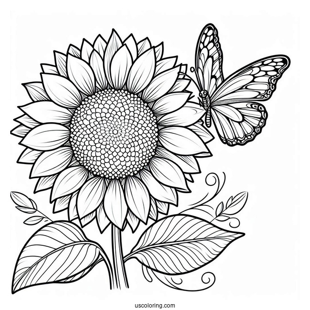 Sunflower With Butterfly Coloring Page