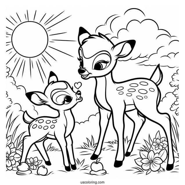 Simple Coloring Sheet Of Bambi And Mother Under The Sun