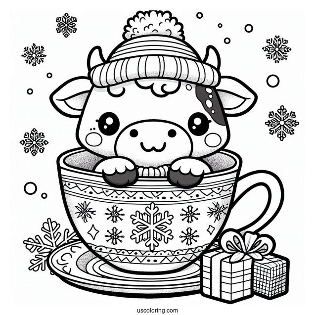 Cute Cow In A Teacup With Snowflake Design