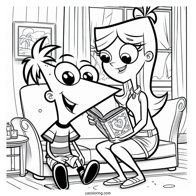 Phineas And Ferb Coloring Page And Candace Sitting In The Living Room