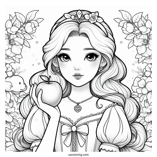 Princess Coloring Page Of Realistic Snow White Holding Apple