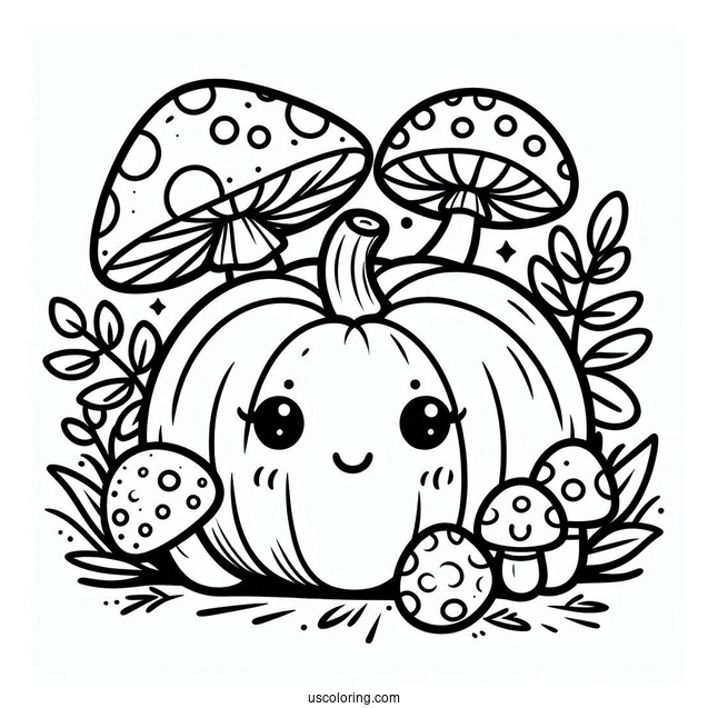 Simple Pumpkin Coloring Page With Mushrooms For Kids