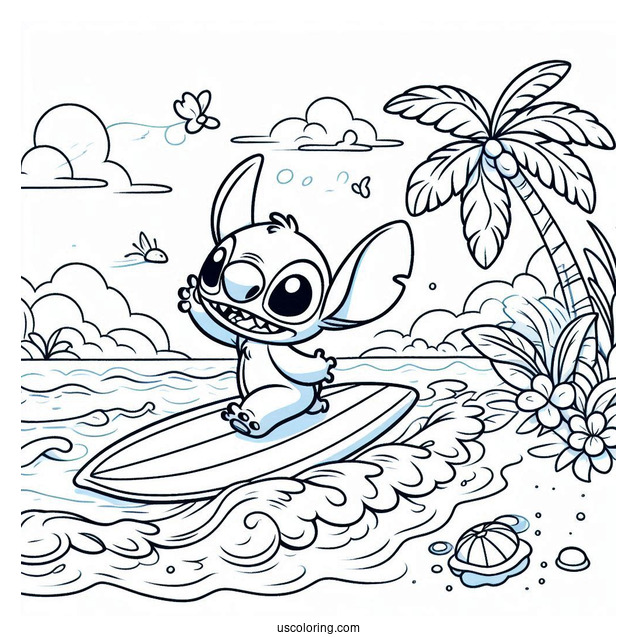Stitch Running On The Beach With A Surfboard Coloring Sheet