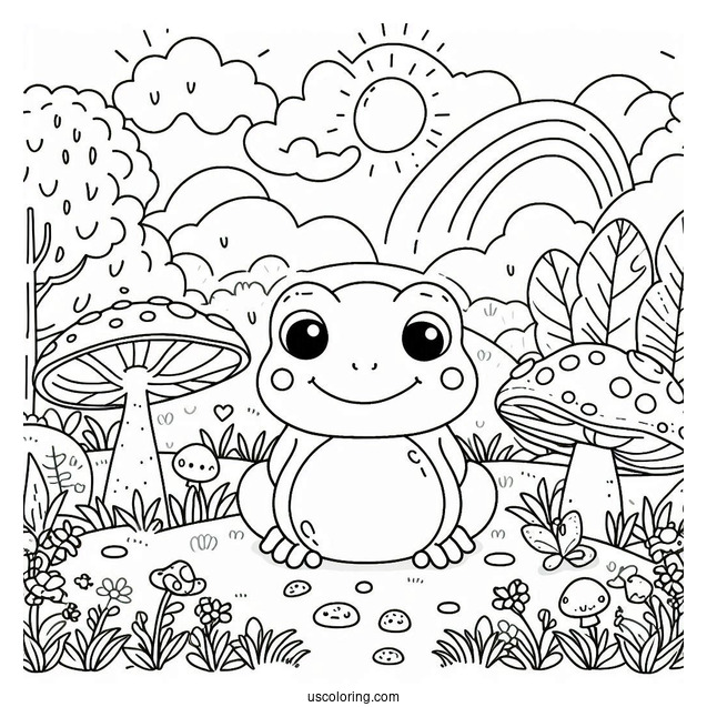 Cute Coloring Page Landscape With Mushrooms And Frogs