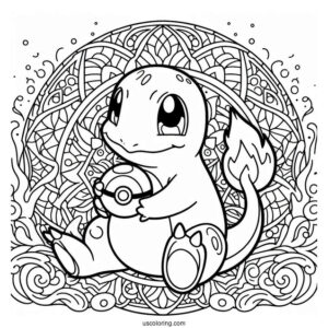 Charmander Holding Pokeball Mandala Coloring Sheet