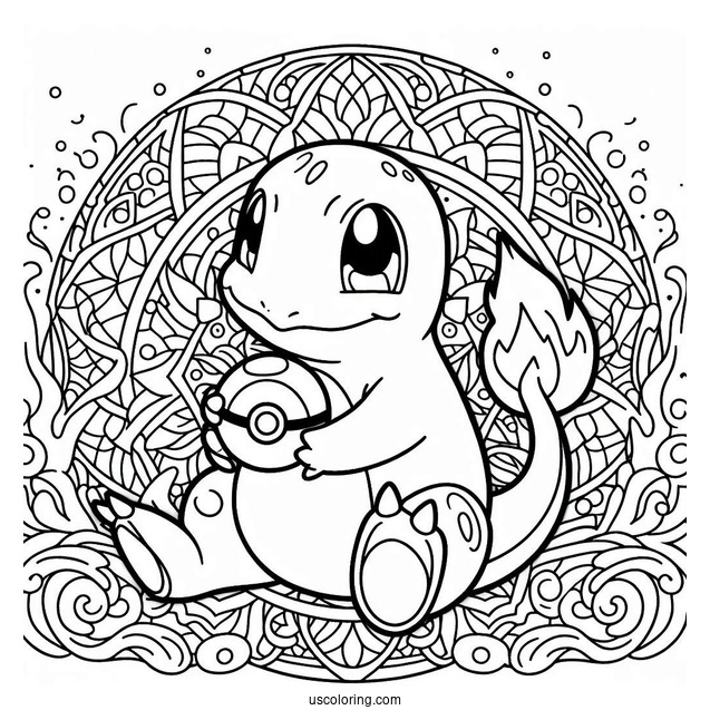 Charmander Holding Pokeball Mandala Coloring Sheet