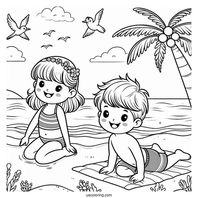Kids Swimming At The Beach Coloring Page