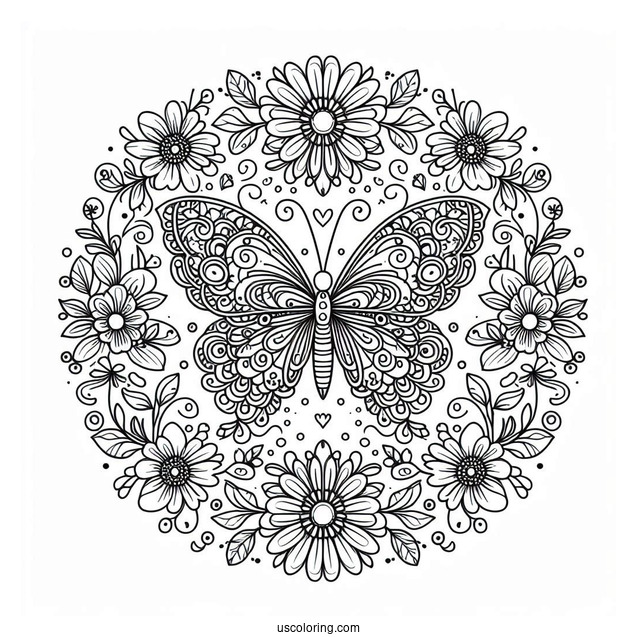 Elegant Butterfly Coloring Page Mandala Surrounded By Flowers