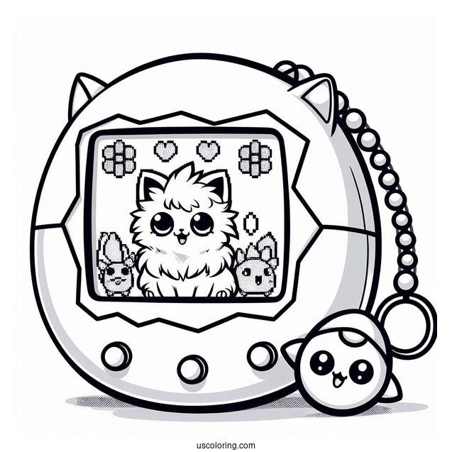 Realistic Tamagotchi Coloring Page Console With Pixelized Pets On The Screen