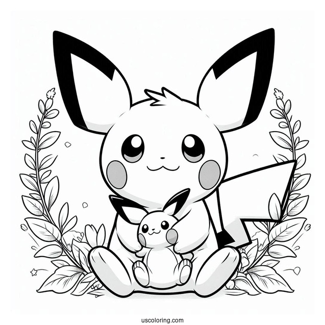 Pichu Coloring Page Sitting With Stuffed Toy Raichu