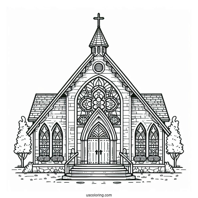 Church Coloring Page With Stained Glass Windows