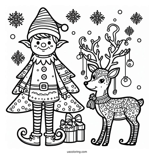 Elf, Reindeer And Christmas Tree To Color For Kids