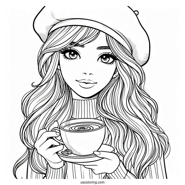Woman Wearing Beret Drinking Coffee Coloring Page For Kids