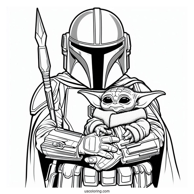 The Mandalorian Holding Baby Yoda To Color