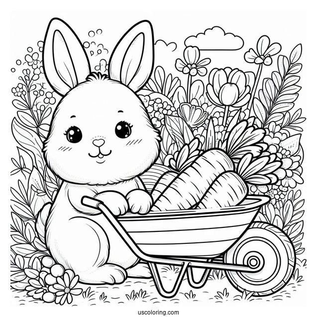 Rabbit In A Wheelbarrow With Carrots In Spring Coloring Sheet For Preschoolers