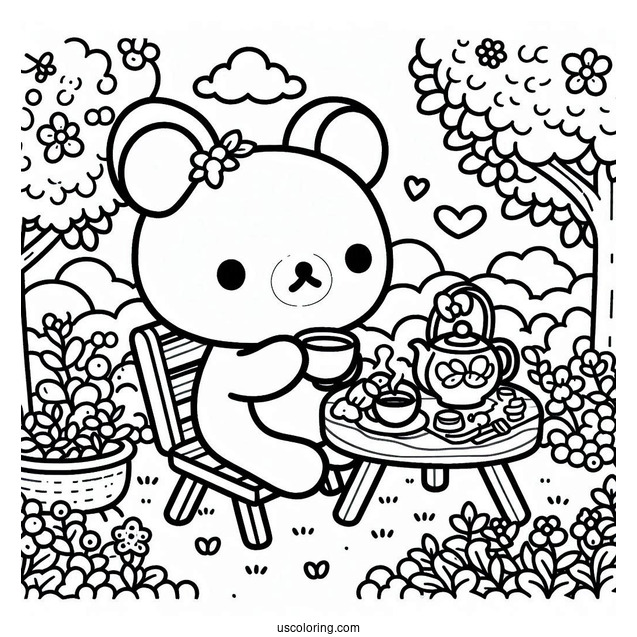 Rilakkuma Coloring Page Of Easy Chairoikoguma Having Tea In The Garden For Preschoolers