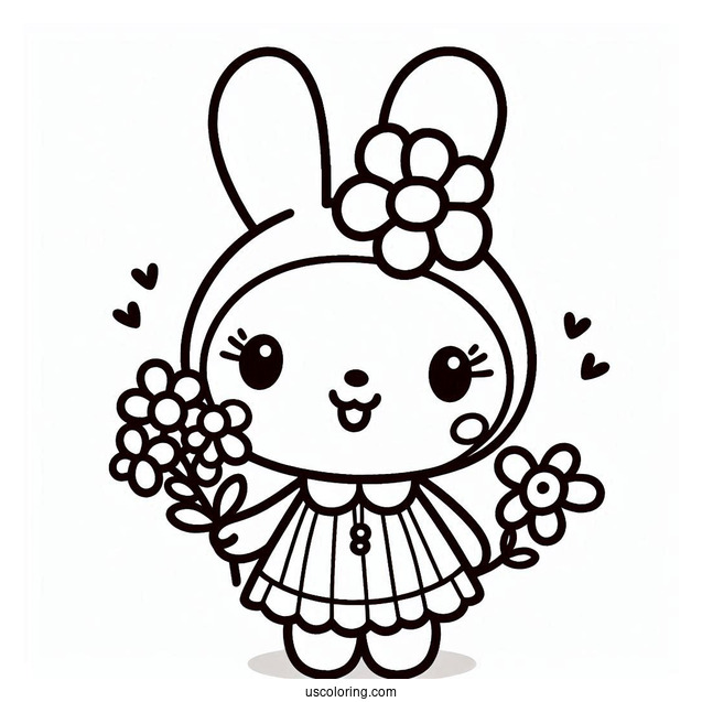 Pororo Coloring Page Of Kawaii Loopy In A Dress Holding Flower For Preschoolers