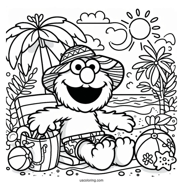 Summer Themed Elmo At The Beach To Color