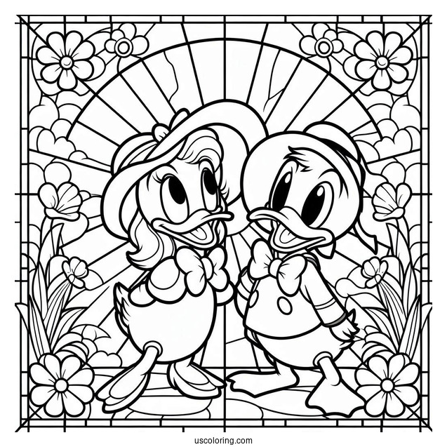 Easy Donald Duck And Daisy Duck Stained Glass Coloring Page For Kids