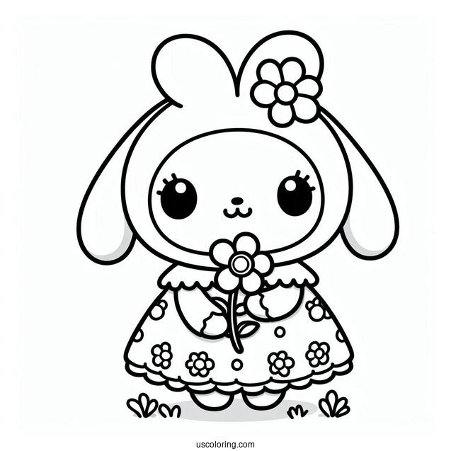 Pororo Coloring Page Of Kawaii Loopy In A Dress Holding Flower For Preschoolers